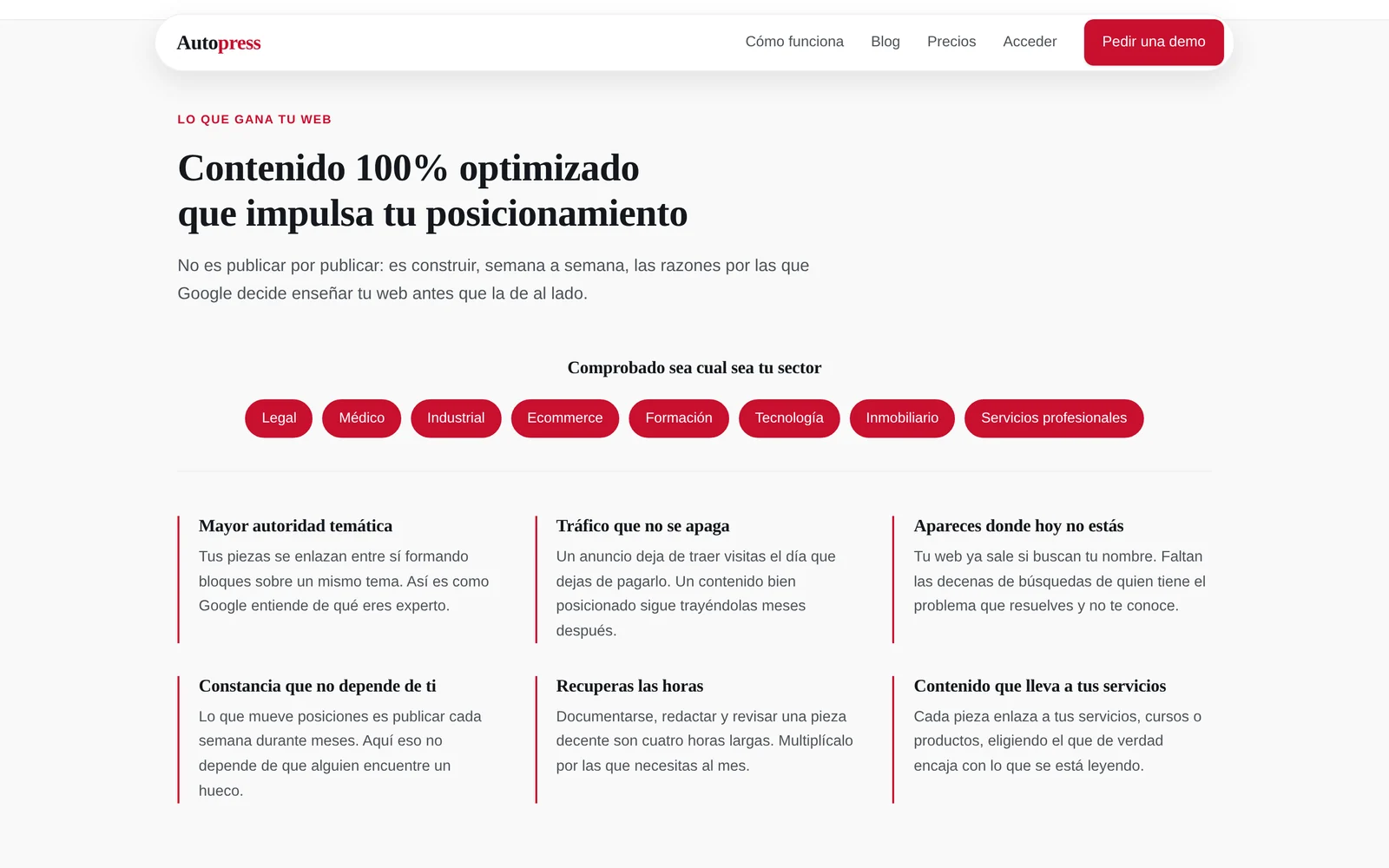 Sección de beneficios de Autopress con sectores y ventajas del contenido optimizado