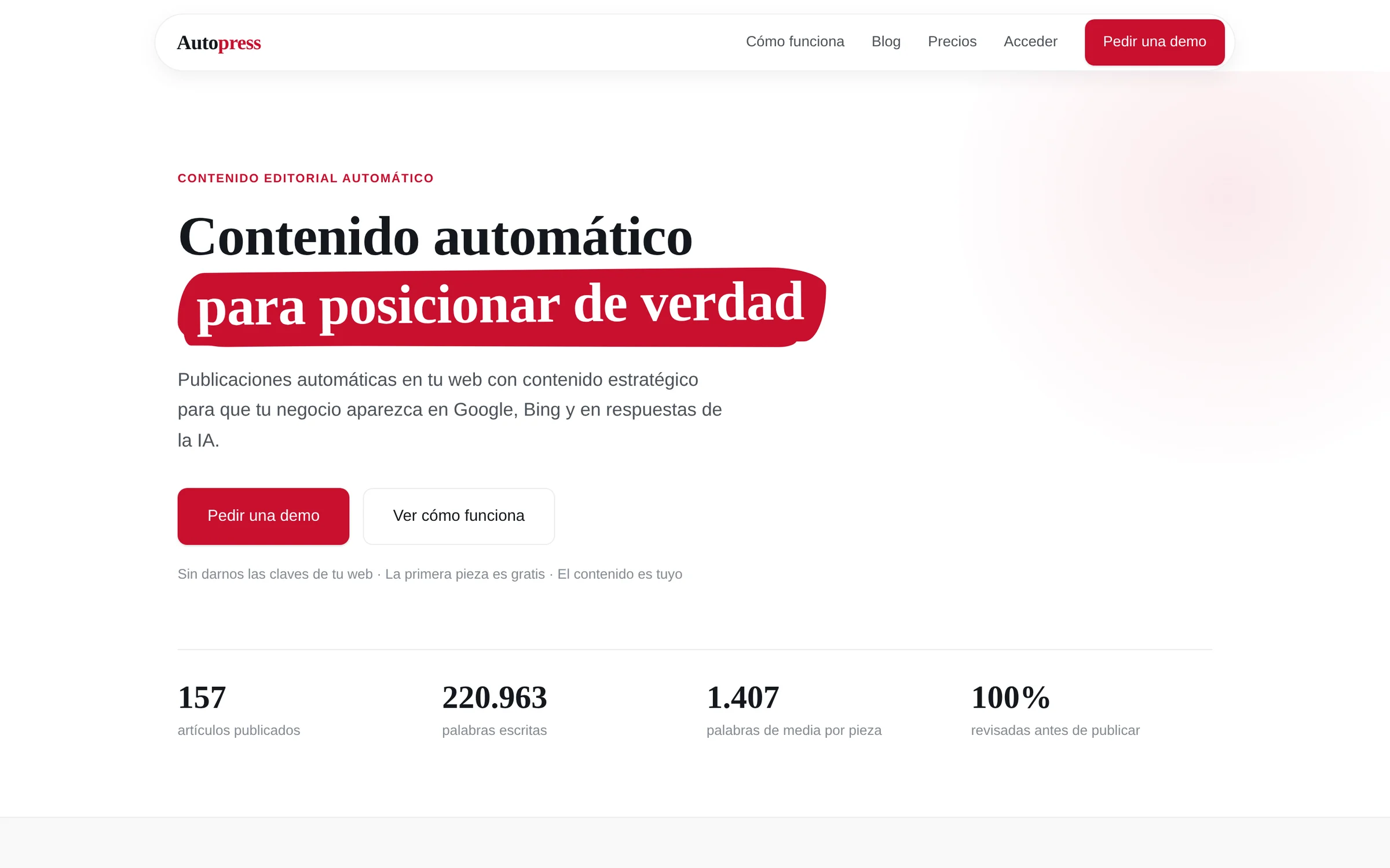 Portada de Autopress con el titular «Contenido automático para posicionar de verdad»