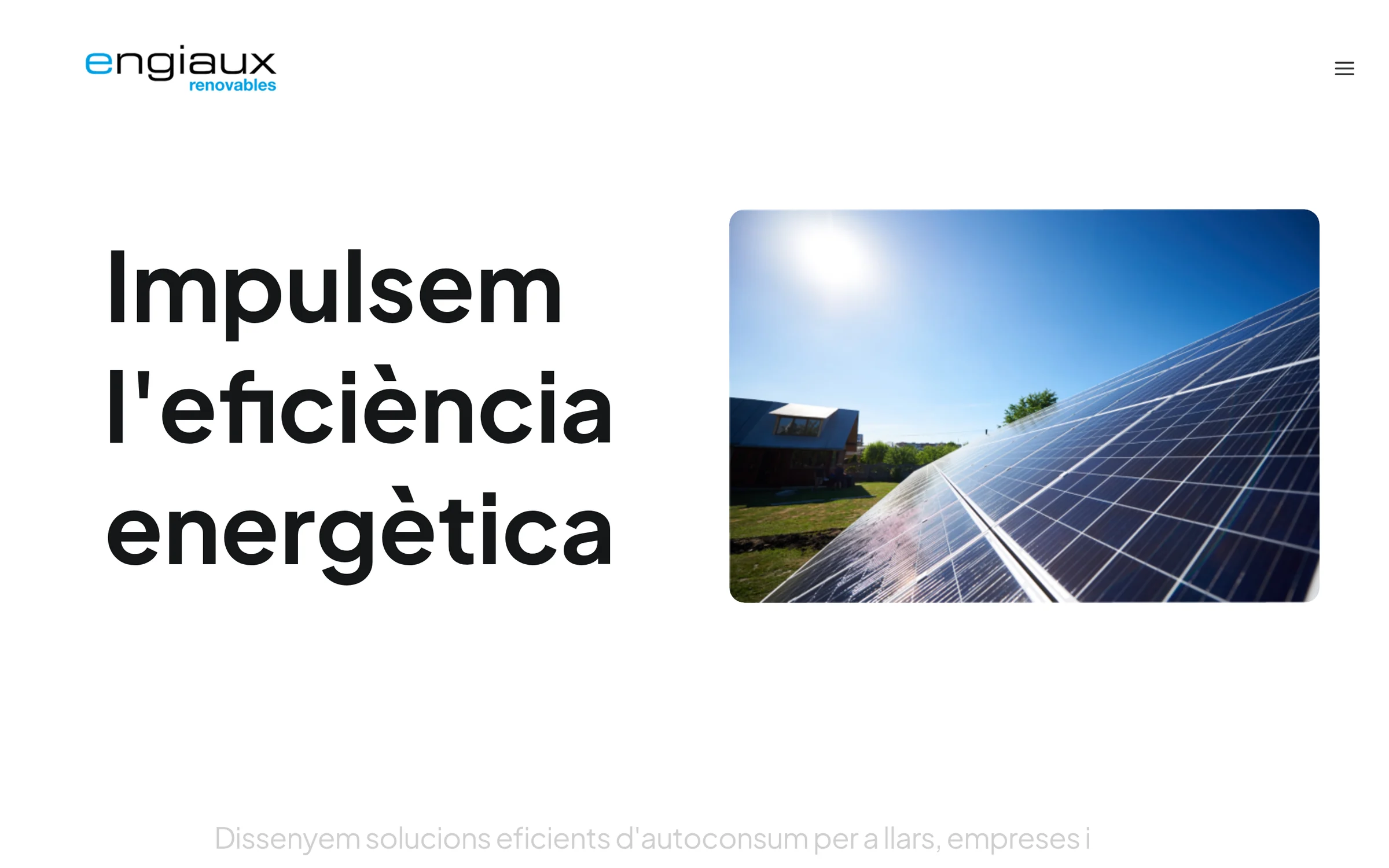 Portada de Engiaux Renovables con el titular «Impulsem l'eficiència energètica» y una instalación fotovoltaica