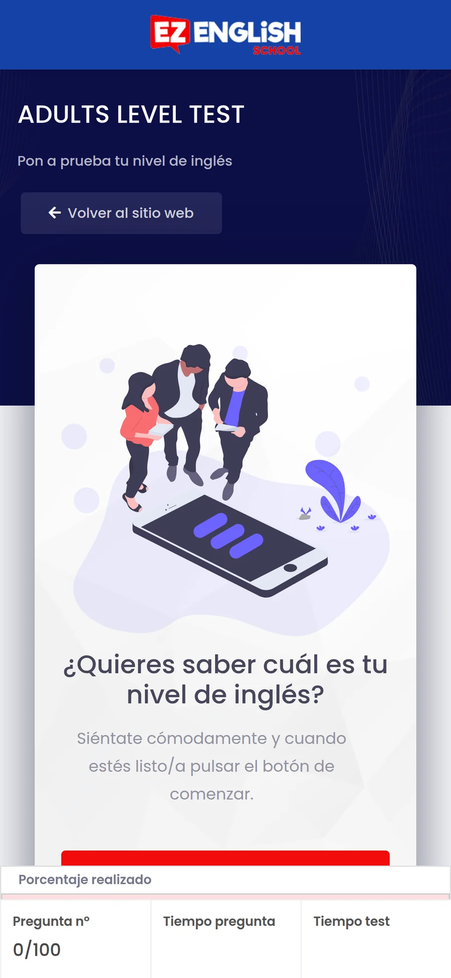 Pantalla de inicio del test de nivel para adultos en móvil