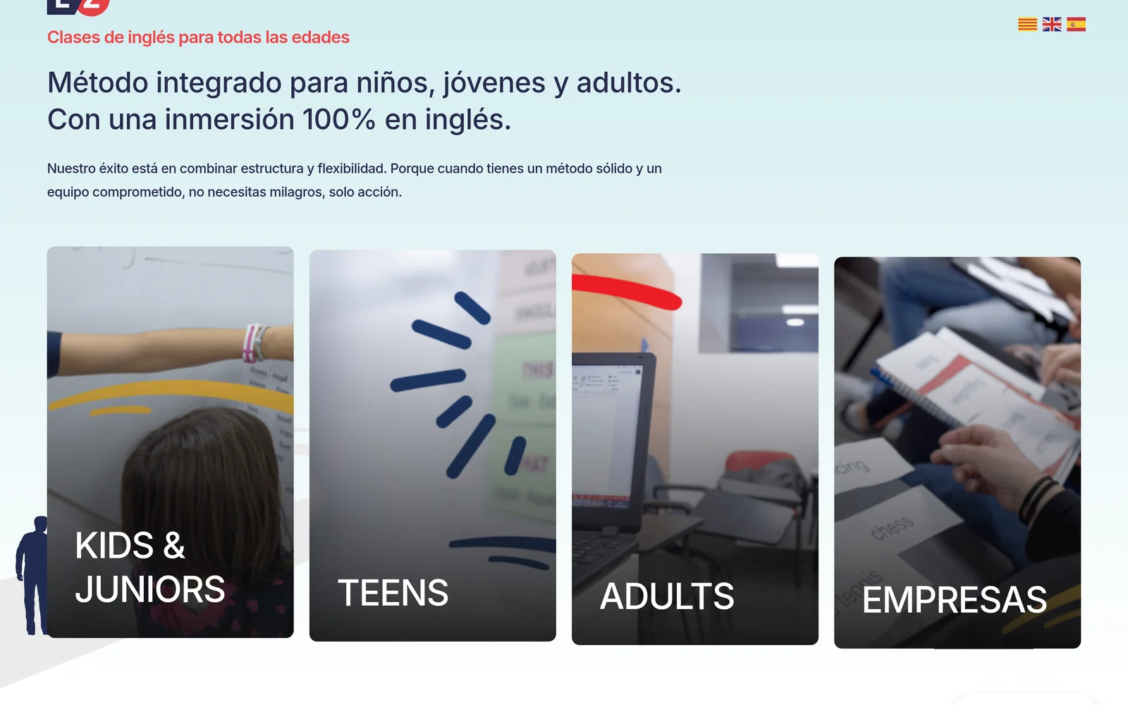 Sección de cursos por edad de EZ English: Kids & Juniors, Teens, Adults y Empresas