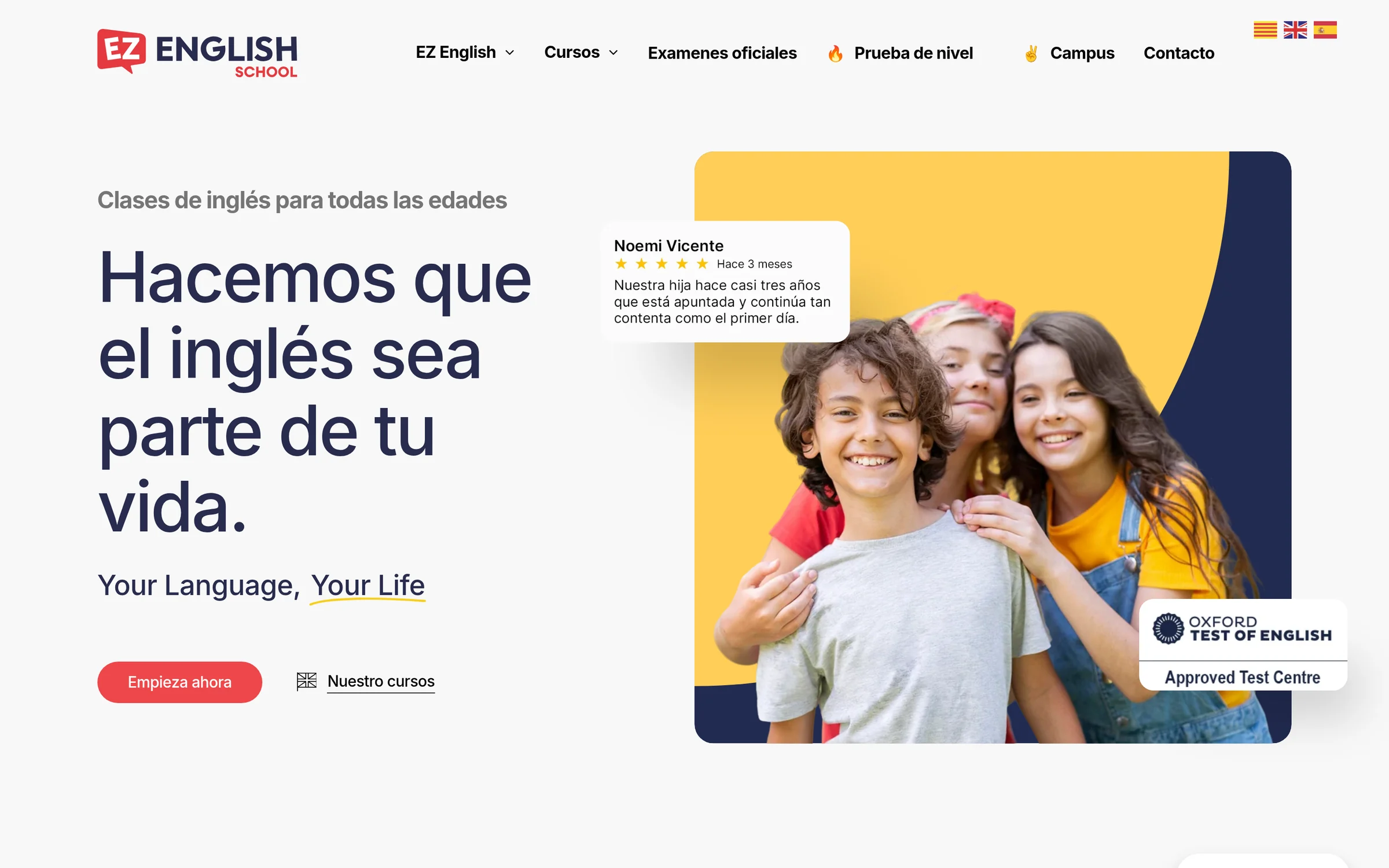 Portada de la web de EZ English con el titular «Hacemos que el inglés sea parte de tu vida» y fotografía de alumnos