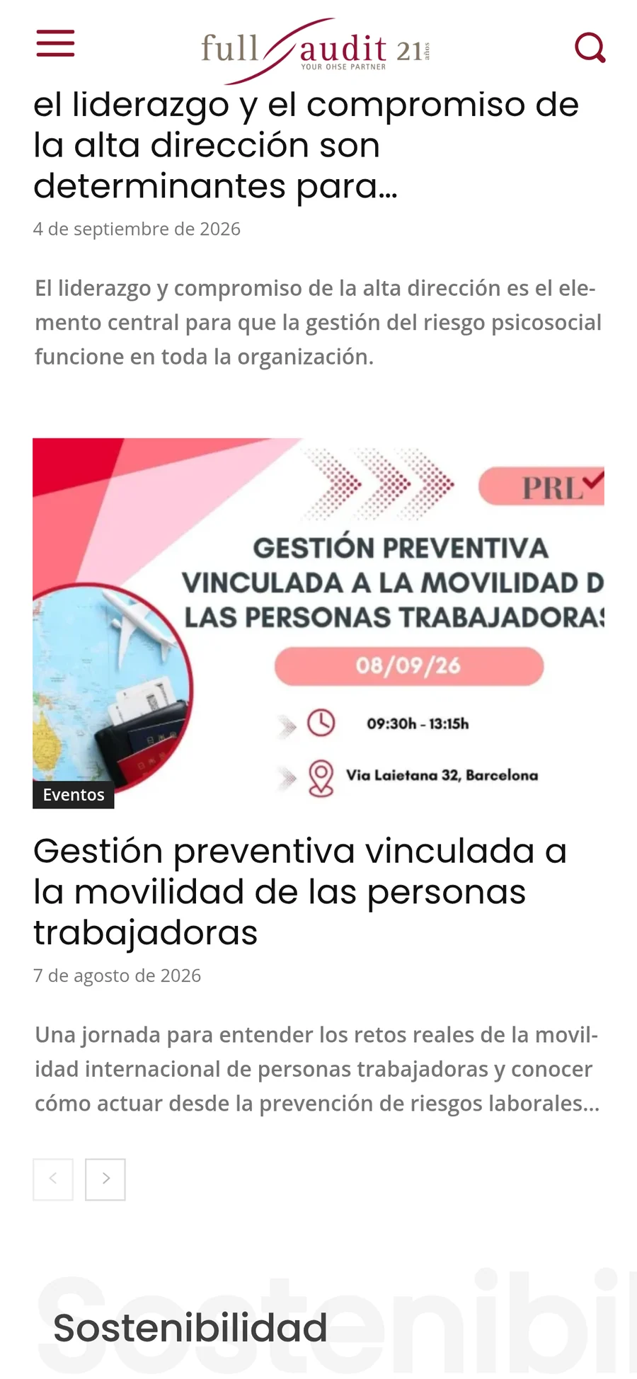 Listado de noticias y eventos de Insights en móvil