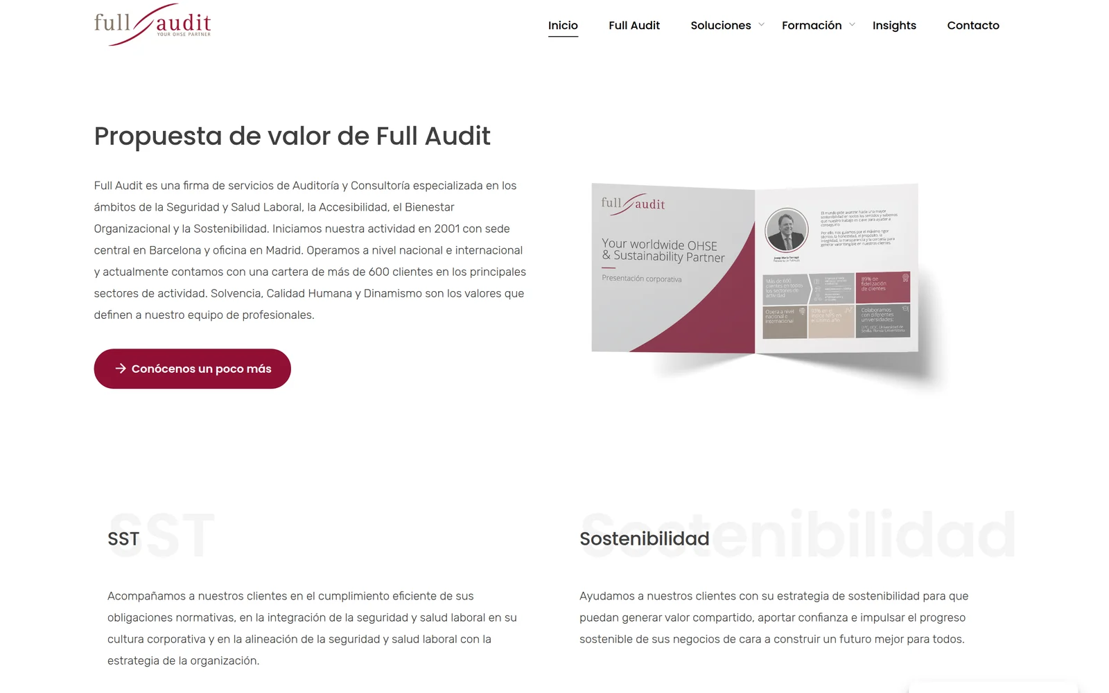 Sección de propuesta de valor de Full Audit con sus áreas de servicio
