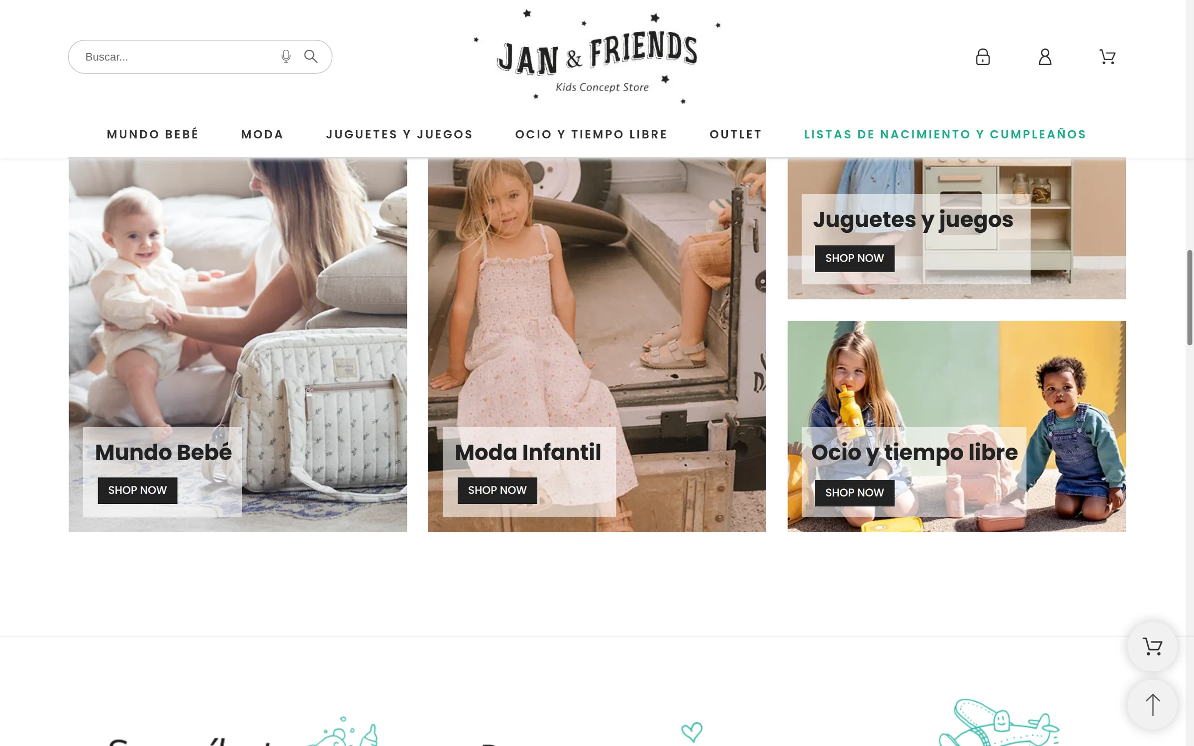 Categorías principales de Jan & Friends: Mundo Bebé, Moda Infantil, Juguetes y Ocio