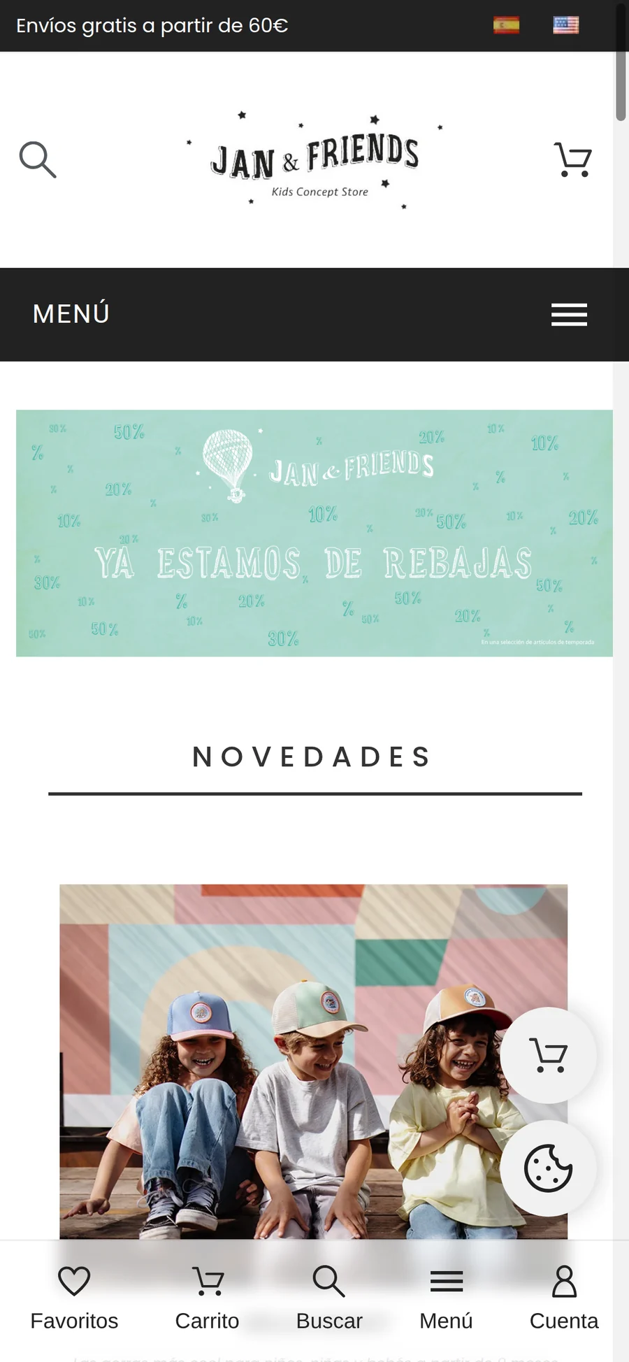 Home de Jan & Friends en móvil con la barra de navegación inferior