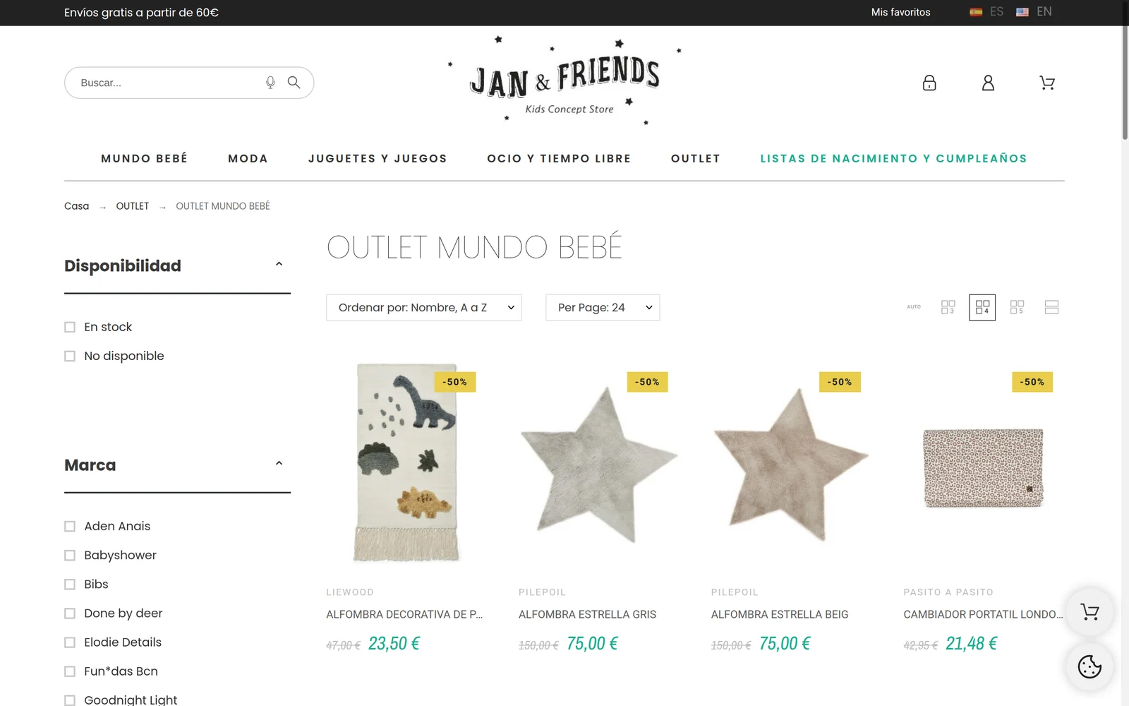 Listado de producto del outlet de Mundo Bebé con filtros