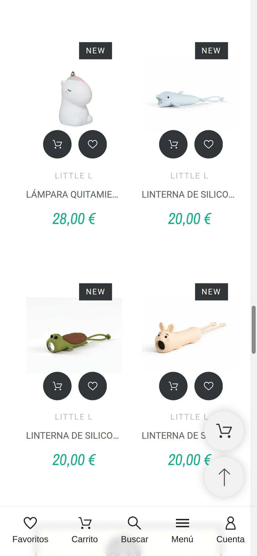 Productos de Jan & Friends en móvil con acceso a carrito y favoritos