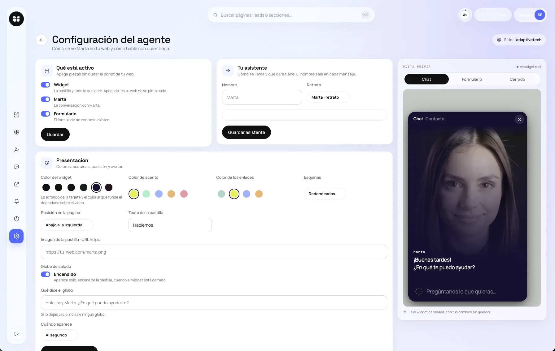 Configuración del agente en Marta: nombre, retrato, colores, posición y vista previa del widget real