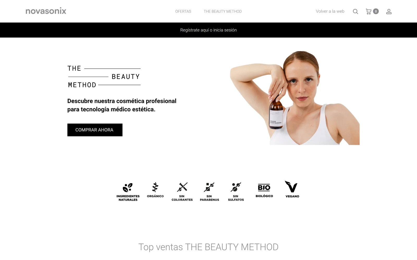 Portada de la tienda online WooCommerce de Novasonix con la línea The Beauty Method