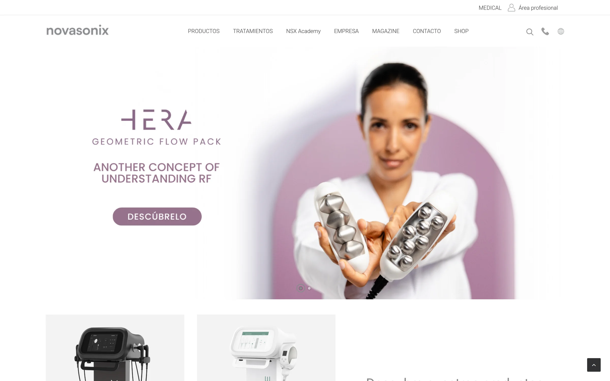 Portada de Novasonix presentando el equipo HERA con una profesional sosteniendo el aplicador