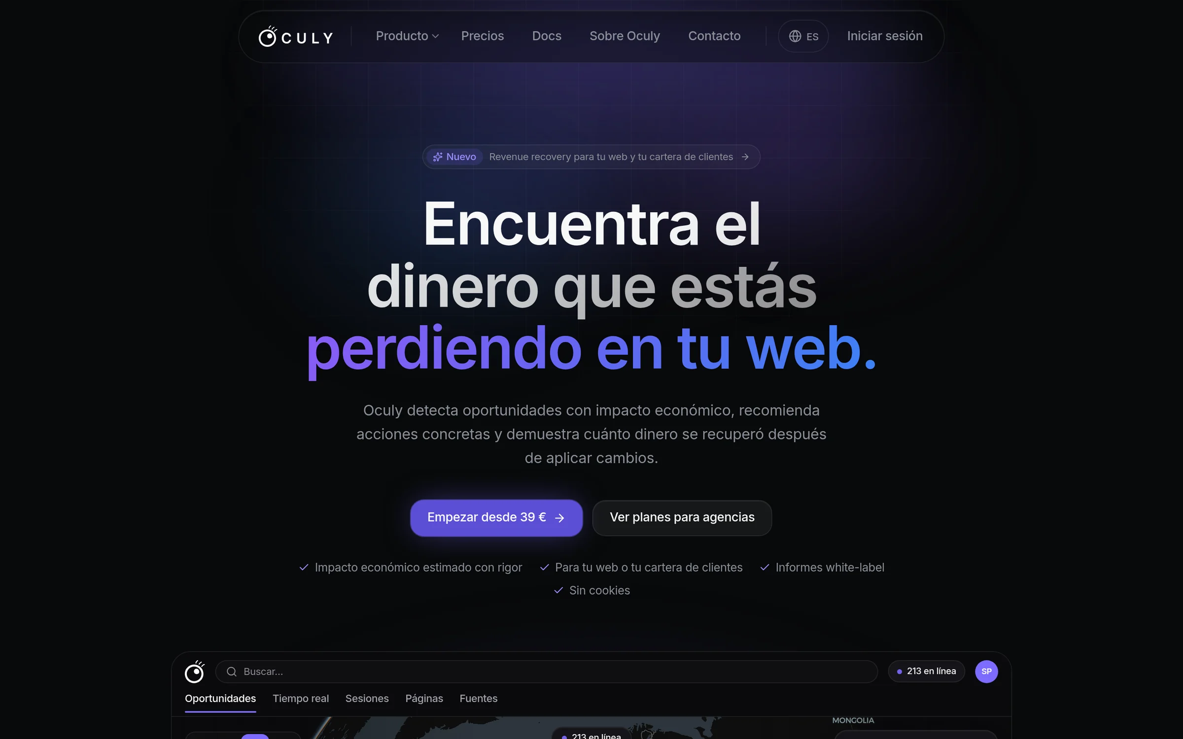 Portada de Oculy con el titular «Encuentra el dinero que estás perdiendo en tu web» y el panel de oportunidades