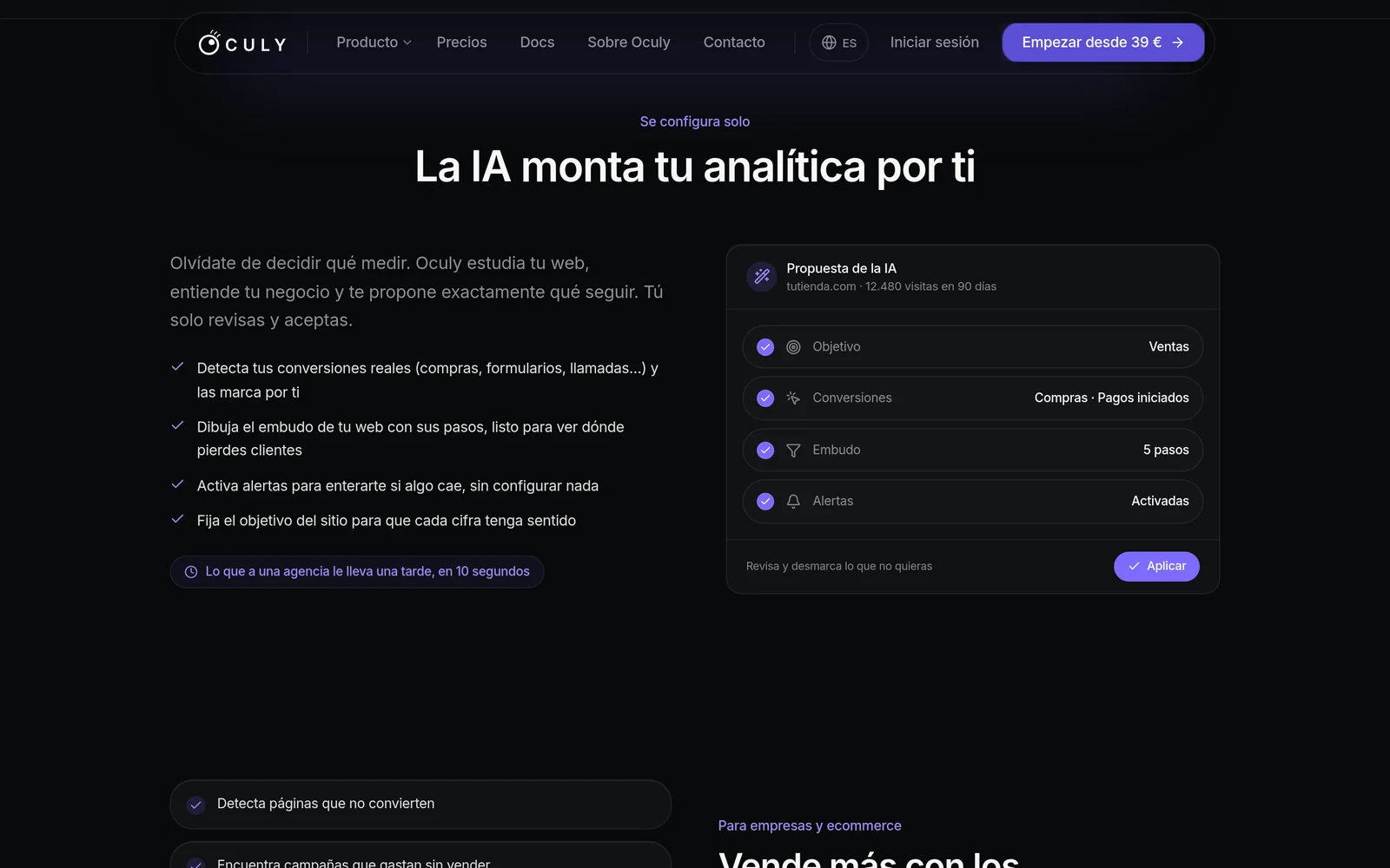 Sección de Oculy «La IA monta tu analítica por ti»