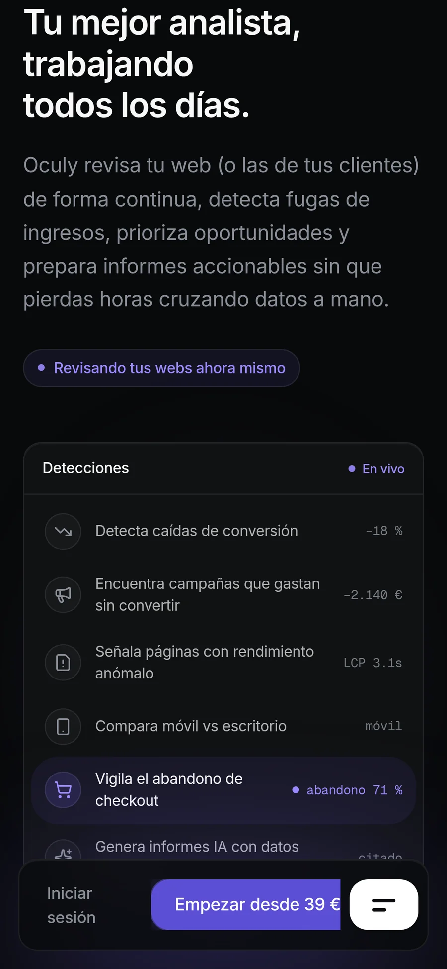 Sección de configuración con IA de Oculy en móvil