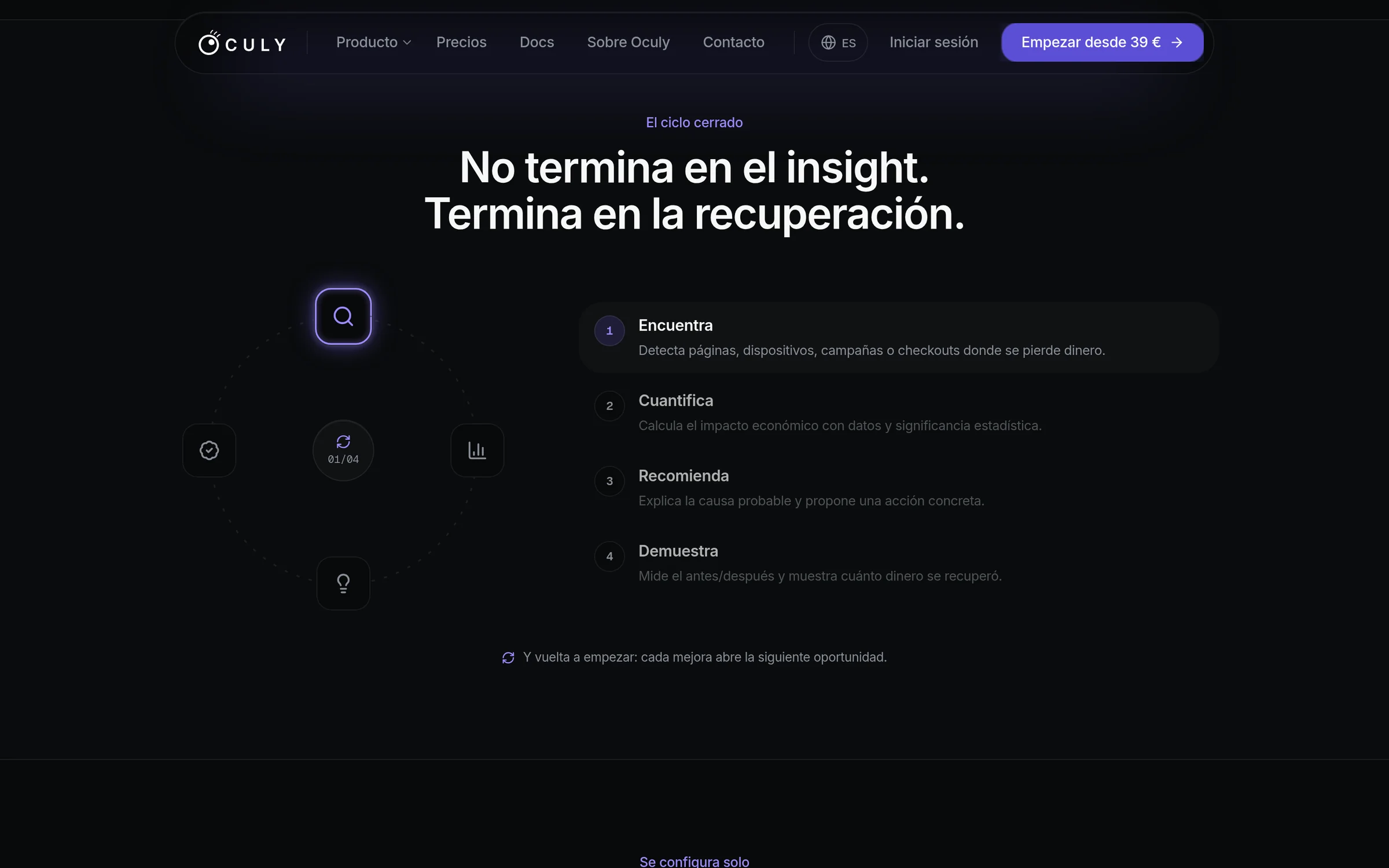 Sección de Oculy «No termina en el insight. Termina en la recuperación.»