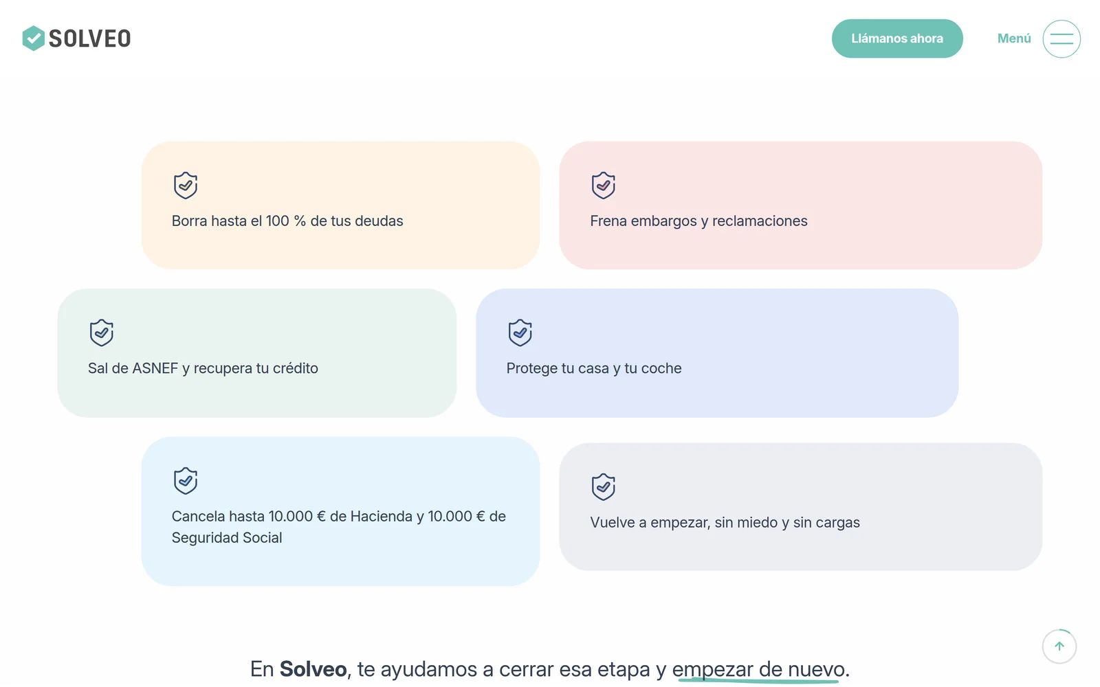 Sección de beneficios de la Ley de la Segunda Oportunidad en tarjetas de colores suaves