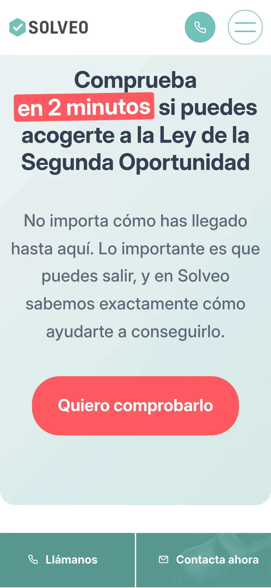 Invitación a comprobar los requisitos en dos minutos en la versión móvil de Solveo