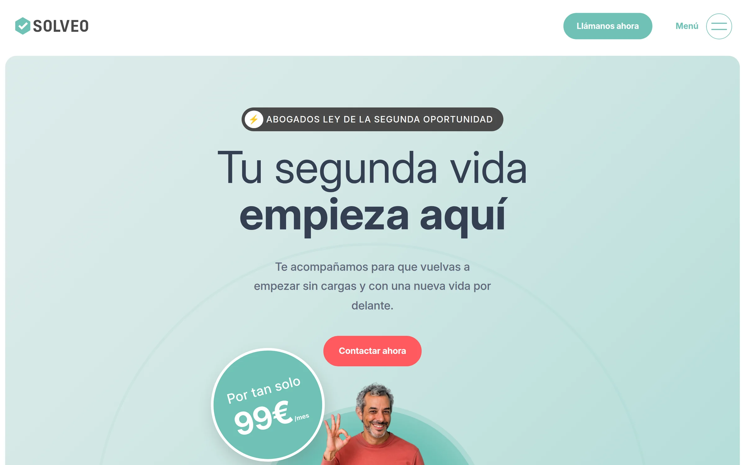 Portada de la web de Solveo con el titular «Tu segunda vida empieza aquí», botón de contacto y la oferta desde 99 euros al mes