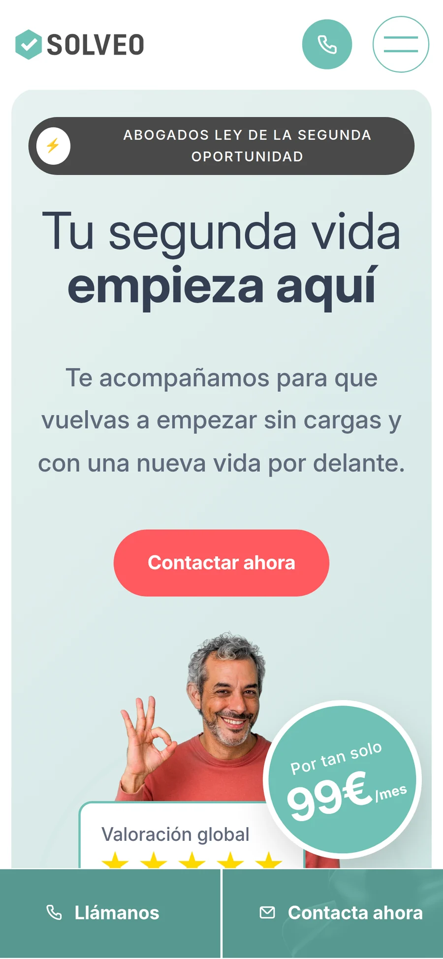 Portada de Solveo en móvil con la barra fija para llamar o contactar